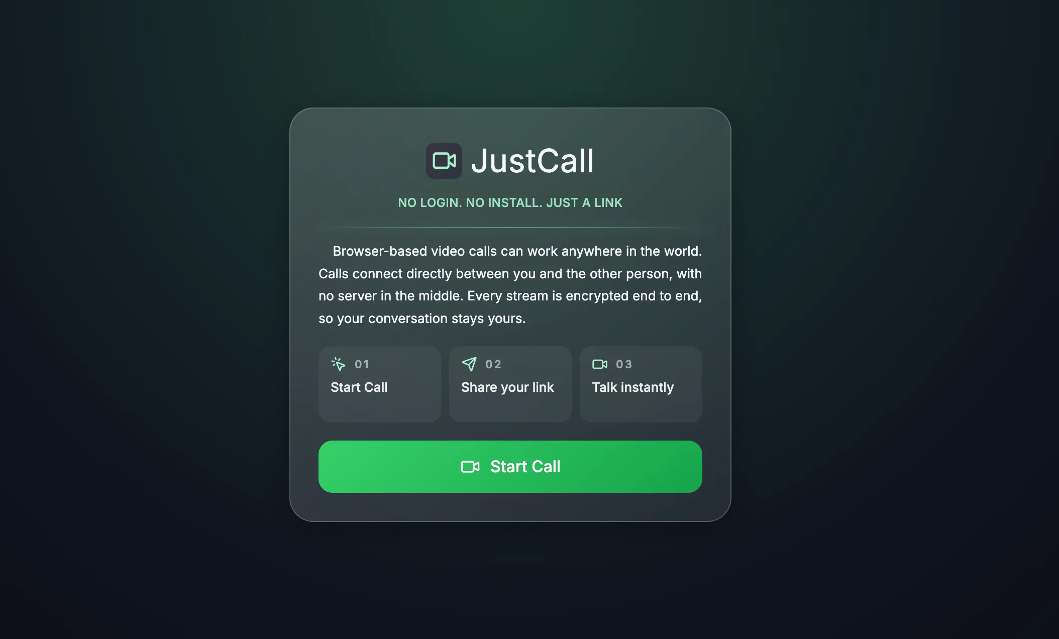Redesigned JustCall screen with clearer messaging, three-step explanation cards, and a start call button.
